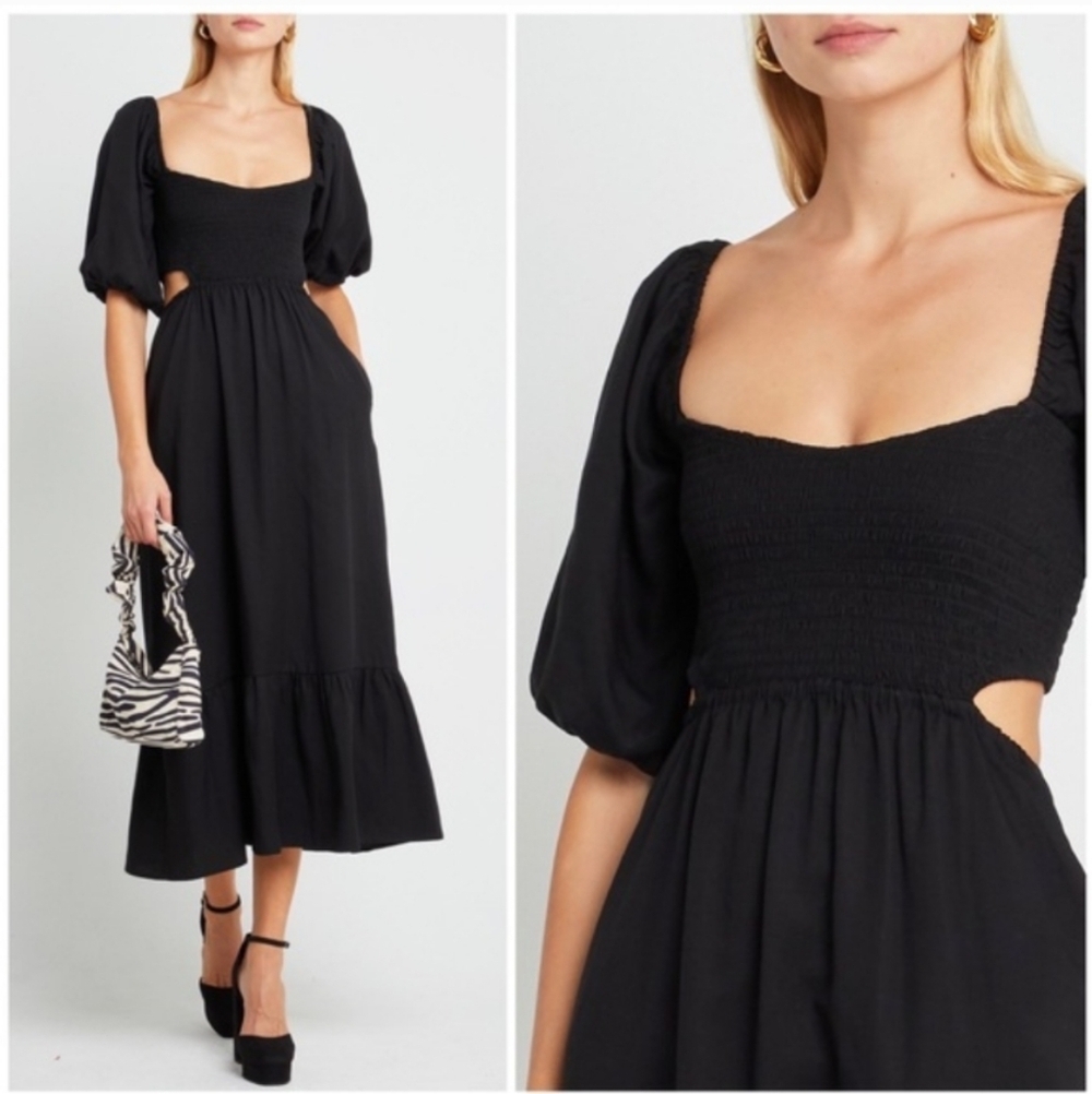 O.P.T. Leighton Black Puff Sleeve Smocked Cutout Midi Dress Tencel Flax XS
